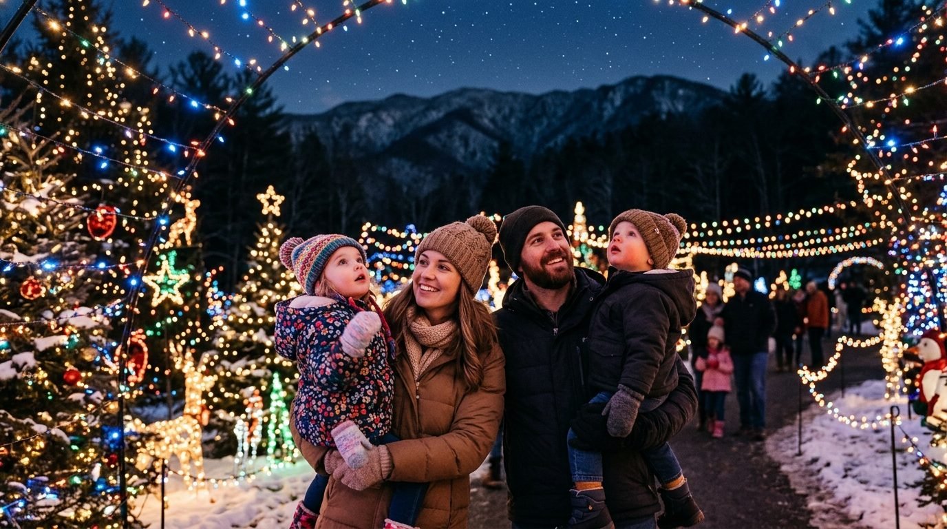 Parents holding two toddlers in winter coats under arches of colorful Christmas lights, mountains behind