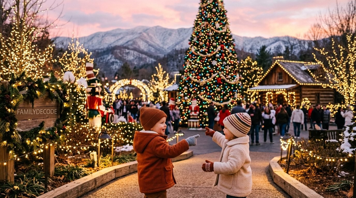 Two toddlers in winter hats pointing at a giant lit Christmas tree in a mountain holiday village at dusk