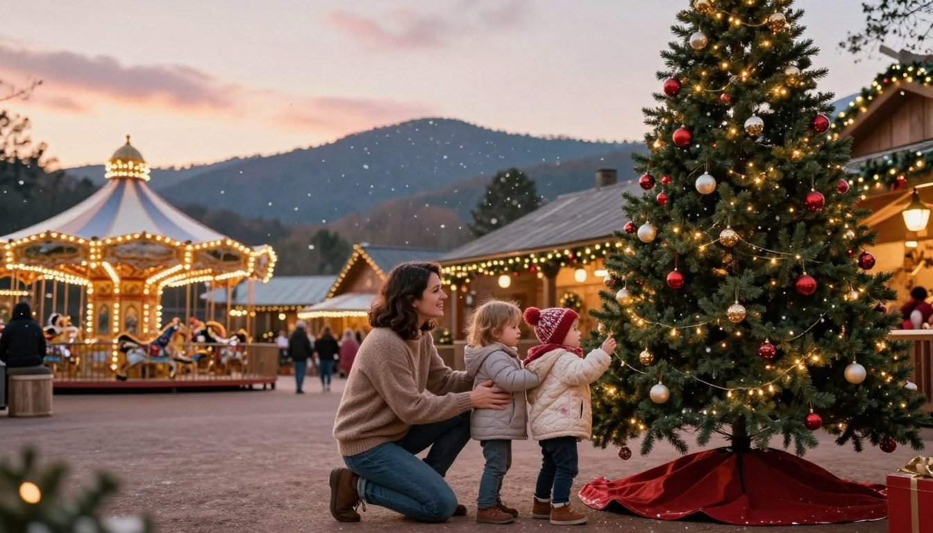 A mother kneeling with two toddlers by a decorated Christmas tree, a lit carousel behind them