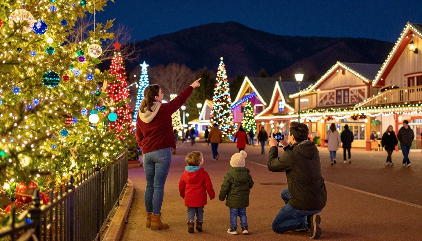 Parents pointing out Christmas light displays to two toddlers on a festive park street at night