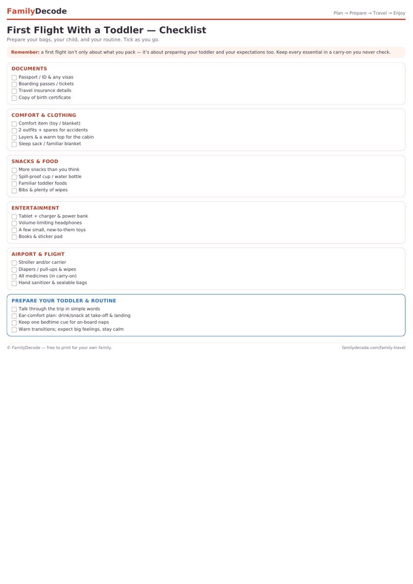 Free printable First Flight With a Toddler checklist