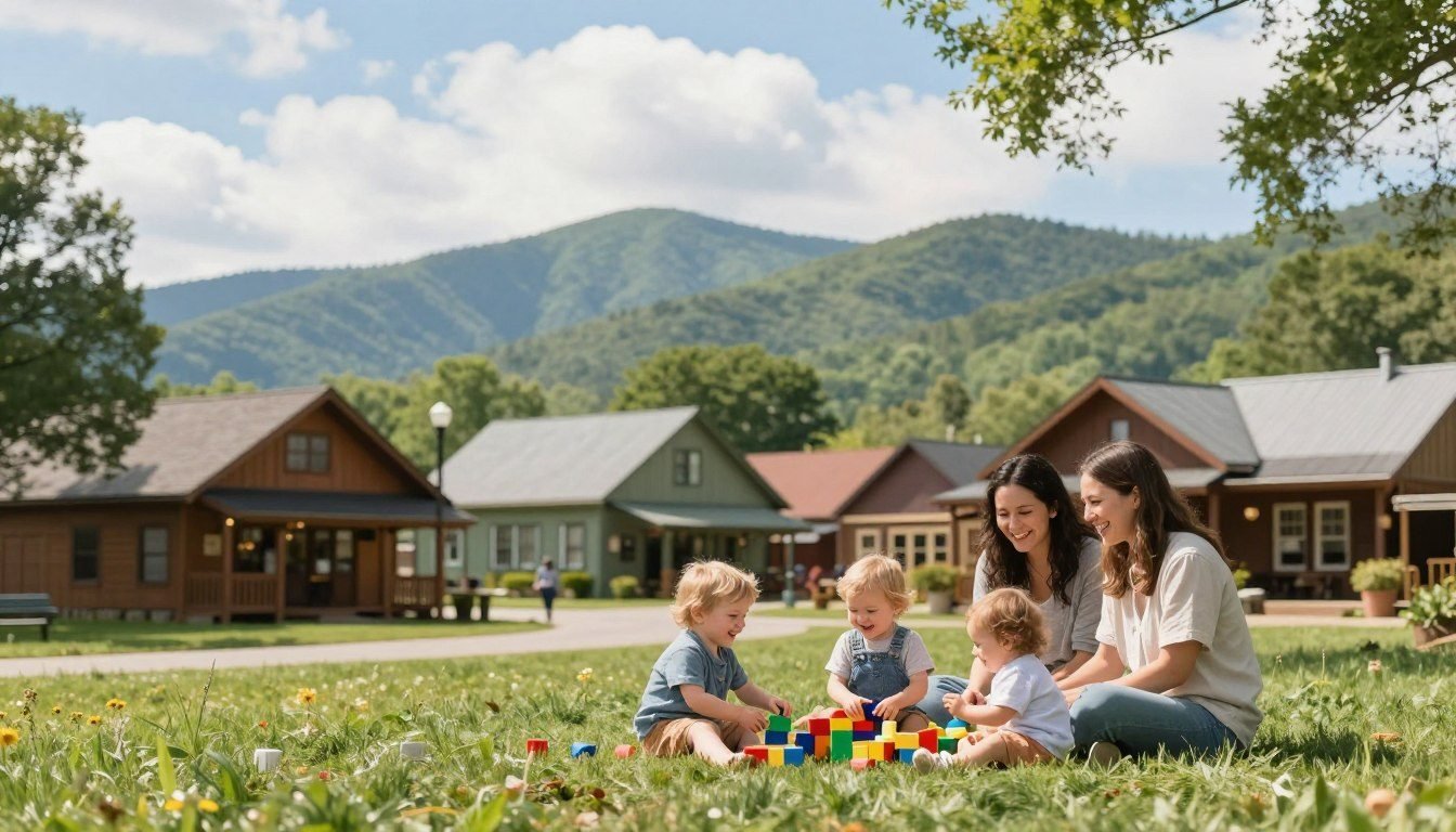 Two mothers and three toddlers playing with colorful blocks on a lawn in a mountain town with wooden cabins