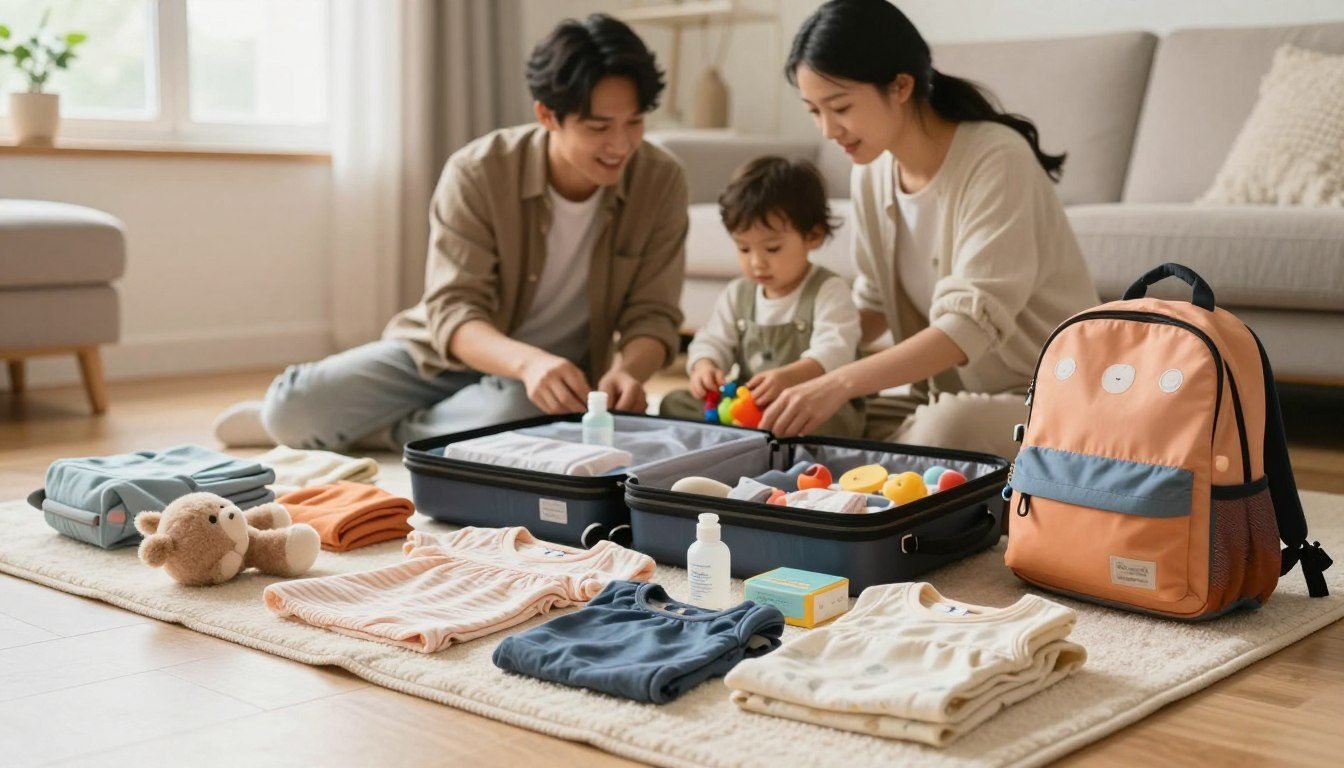 Parents packing a suitcase and a small backpack with their toddler for a family trip