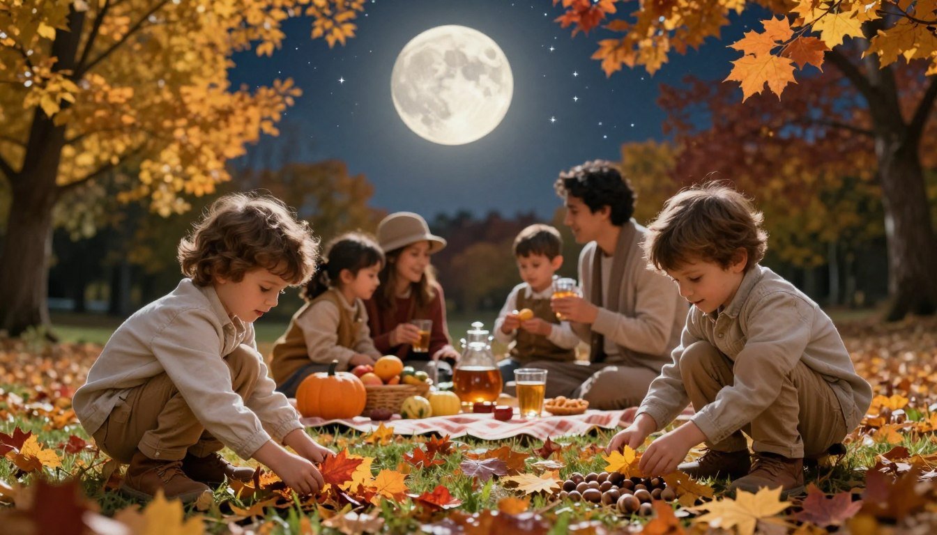 A family enjoying autumn outdoor activities together at dusk