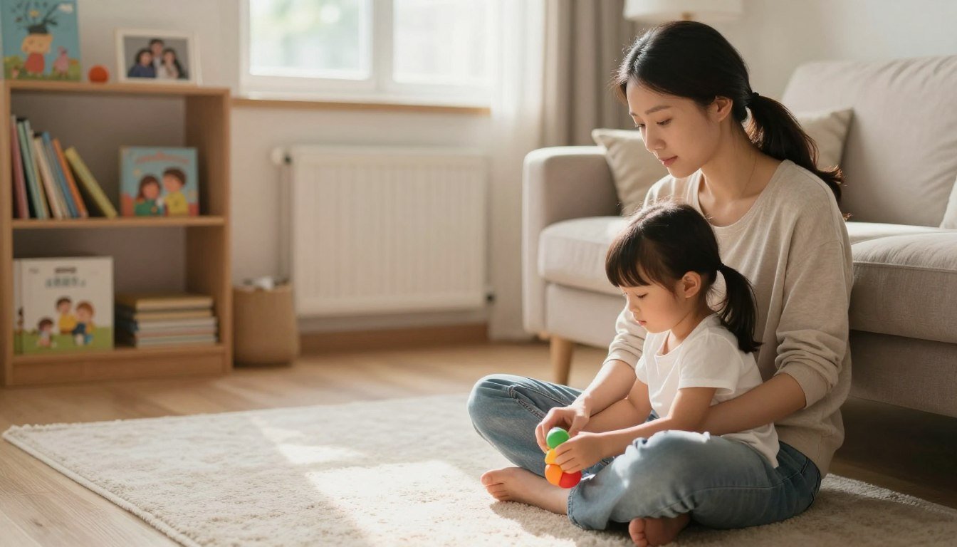 A calm parent sitting close to a young child playing with a stacking toy in a bright living room
