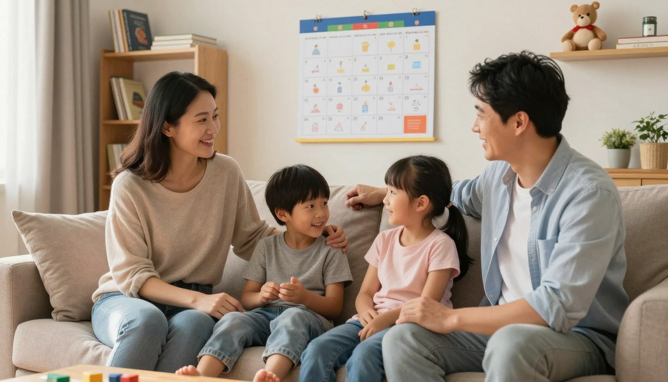 Two parents and two children talking together on a sofa with a visual routine chart on the wall