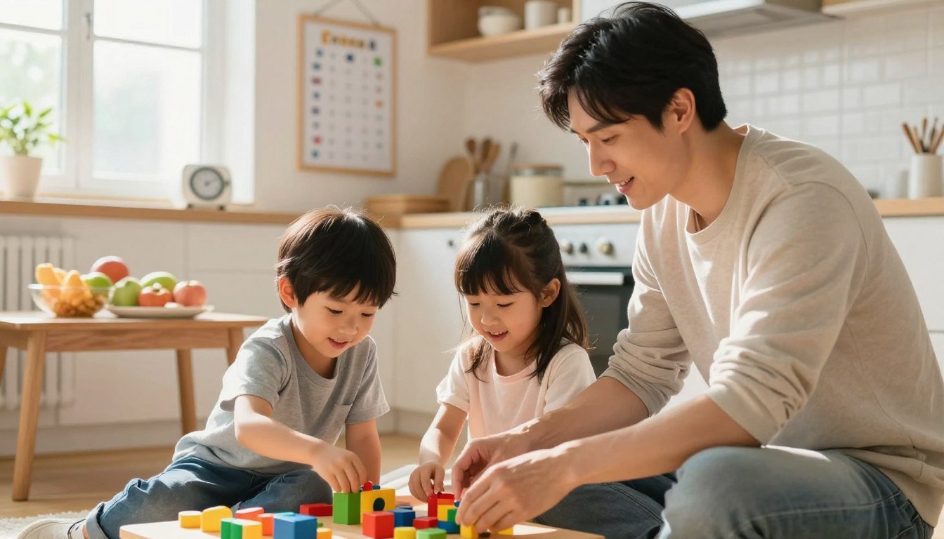 A father and two young children building with wooden blocks at a kitchen table
