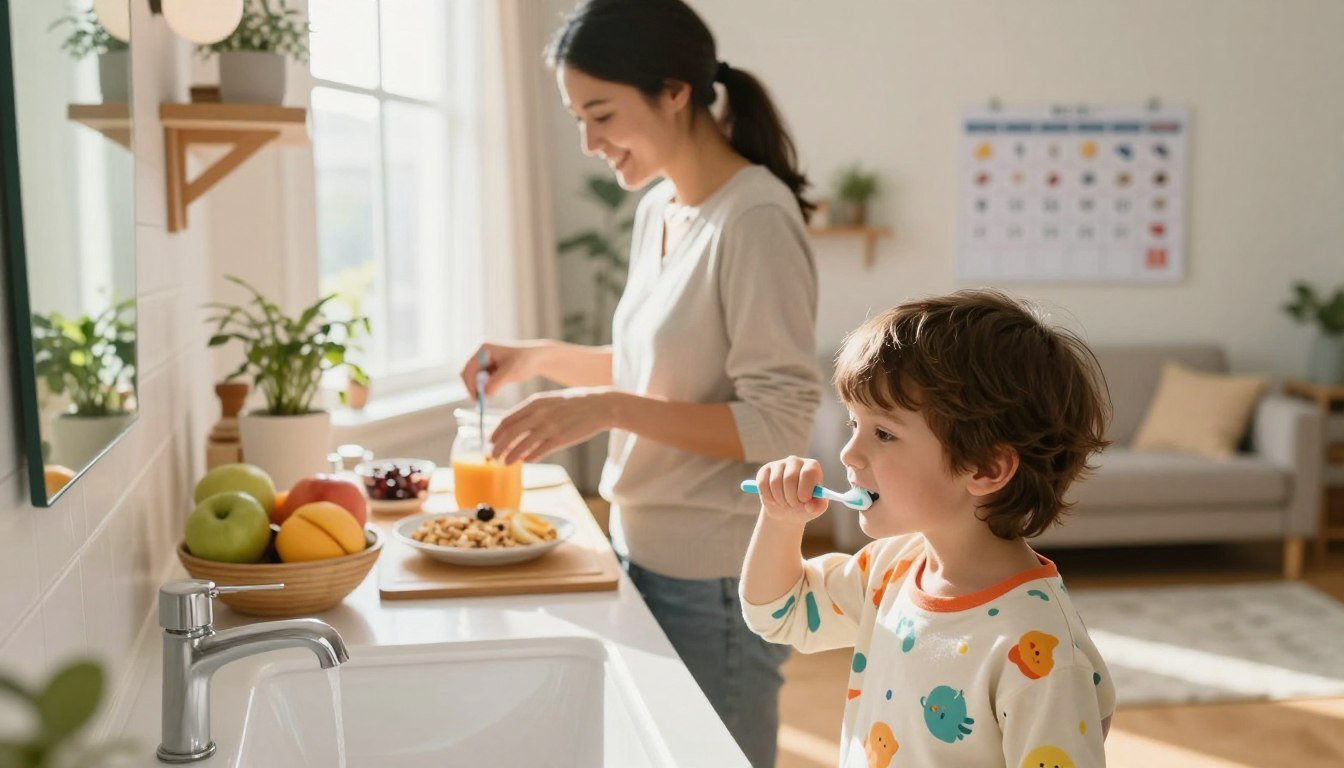 A young child brushing teeth while a parent prepares breakfast, with a visual routine chart on the wall
