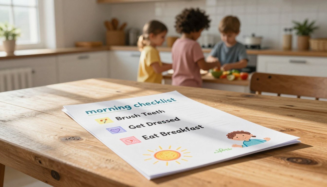 A printable morning checklist on a table: brush teeth, get dressed, eat breakfast