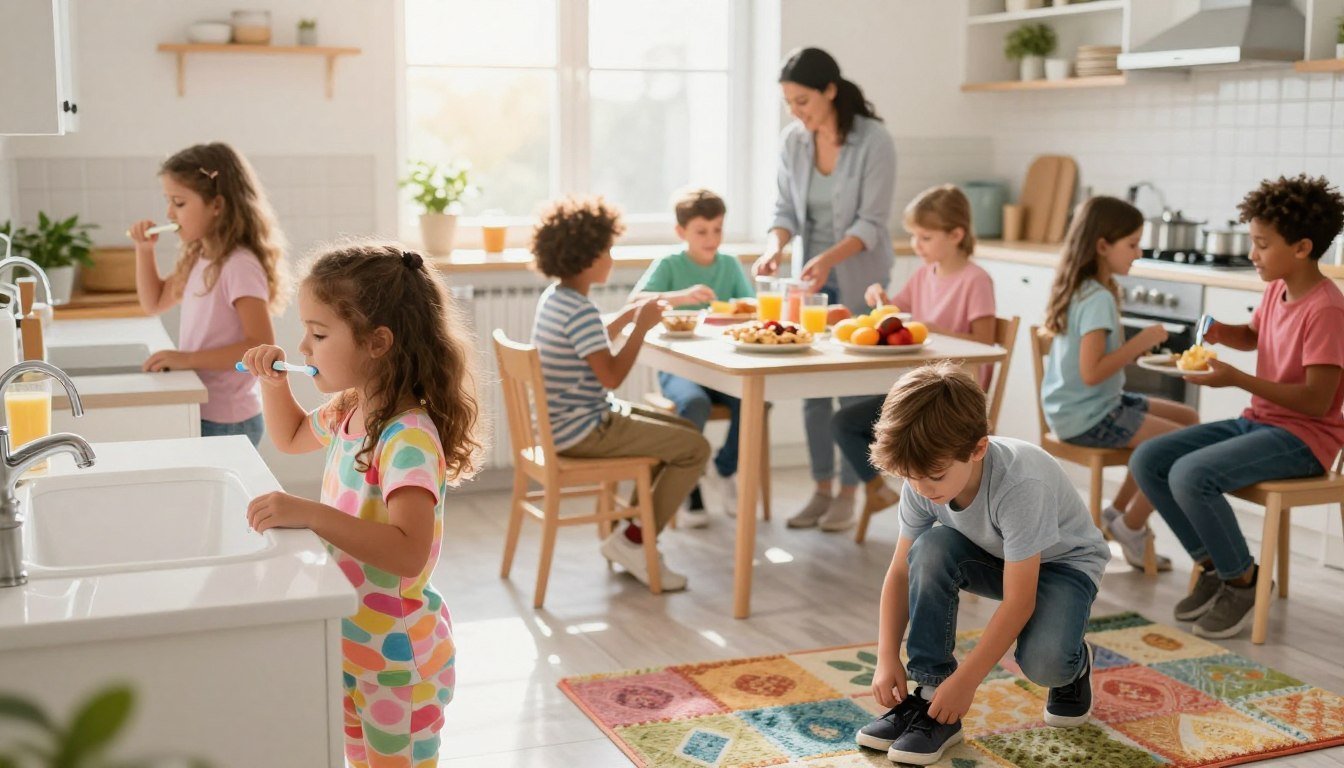 Children brushing teeth, eating breakfast and getting dressed during a calm family morning routine