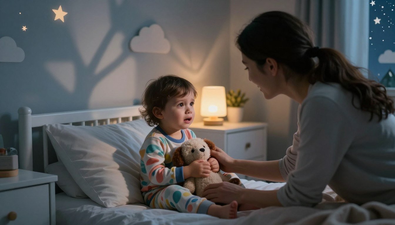 A parent calmly comforting an awake, frightened toddler at bedtime
