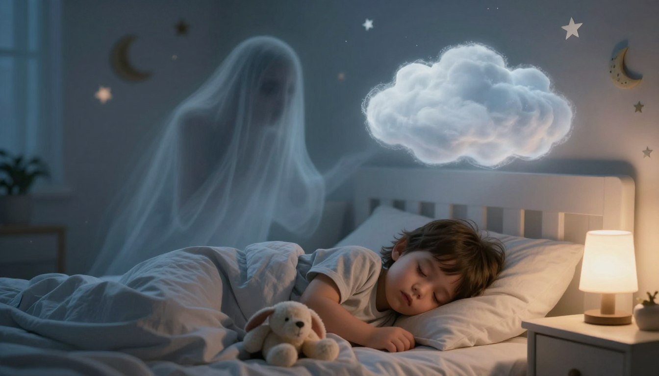 A child asleep at night with a dreamy cloud and a ghostly shape above the bed