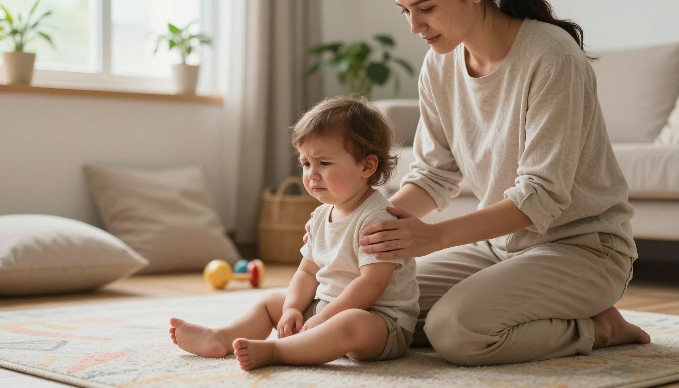 A parent kneeling beside an upset toddler with a gentle, reassuring hand on their back
