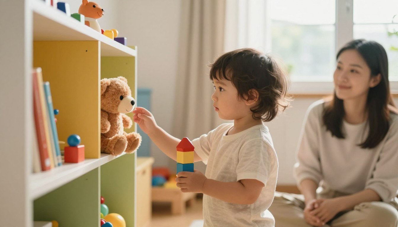 A toddler choosing a toy from a shelf while a parent watches calmly nearby