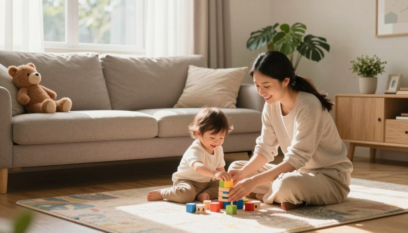 A parent and toddler playing together with wooden blocks on a living-room rug