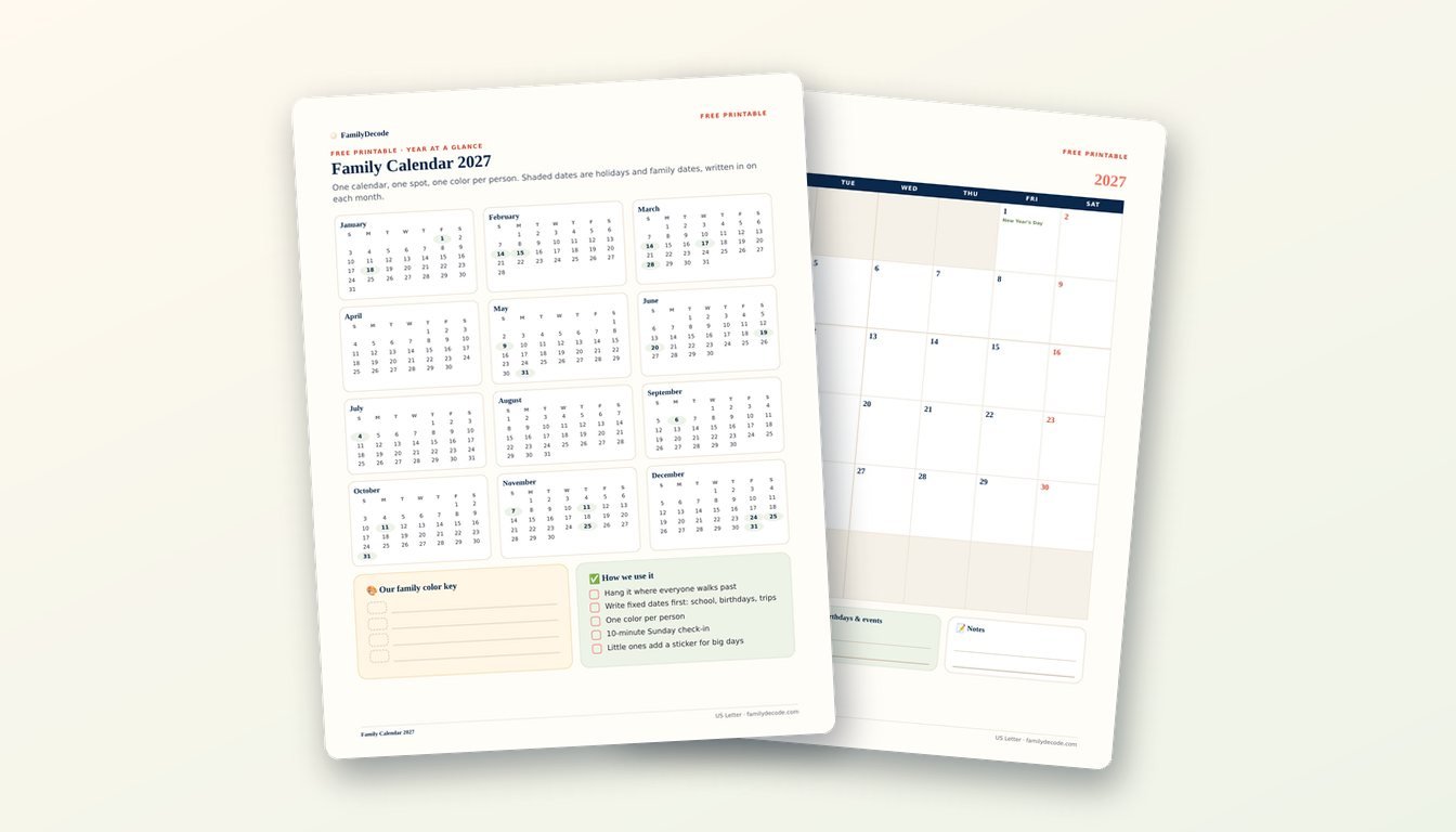 Pages of the free printable 2027 family calendar: a year-at-a-glance page and a monthly January page