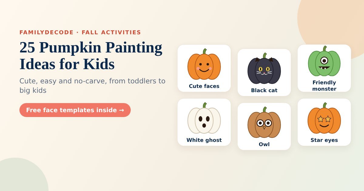 Pumpkin painting ideas for kids: cute faces, a monster, a cat, dots, stripes and a thankful pumpkin