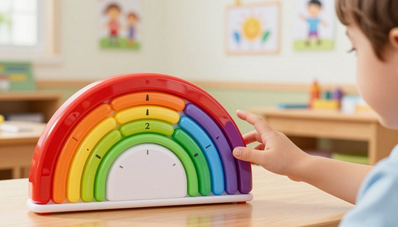 A young child reaching toward a rainbow-colored visual timer at a table