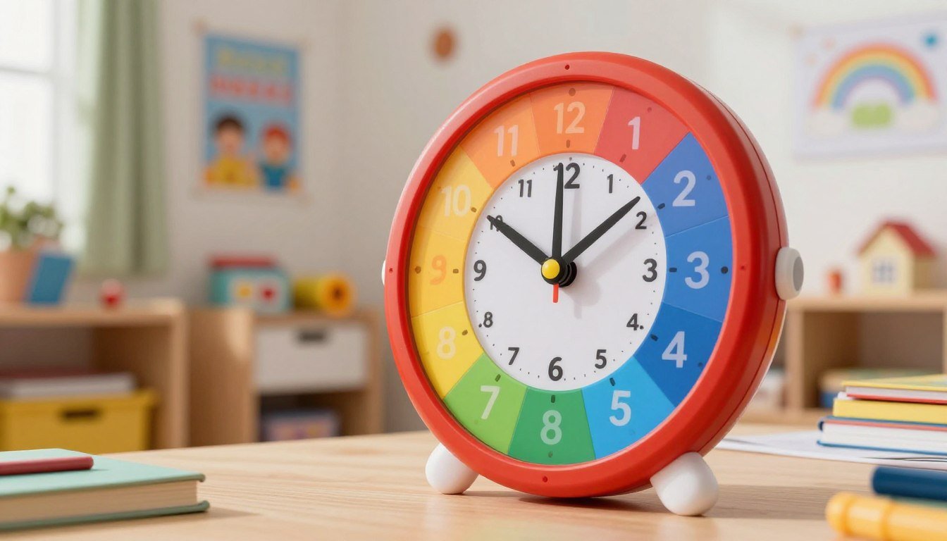 Close-up of the rainbow visual timer showing colored wedges around the clock face