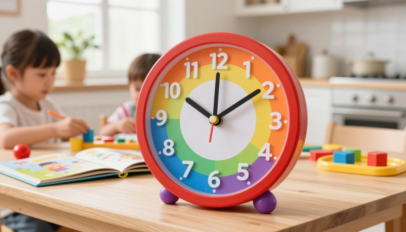 A colorful rainbow visual timer clock on a kitchen table with children playing in the background