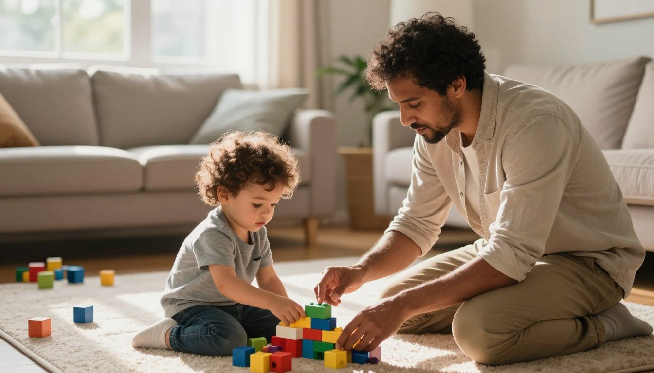 A parent calmly setting a limit with a toddler at eye level