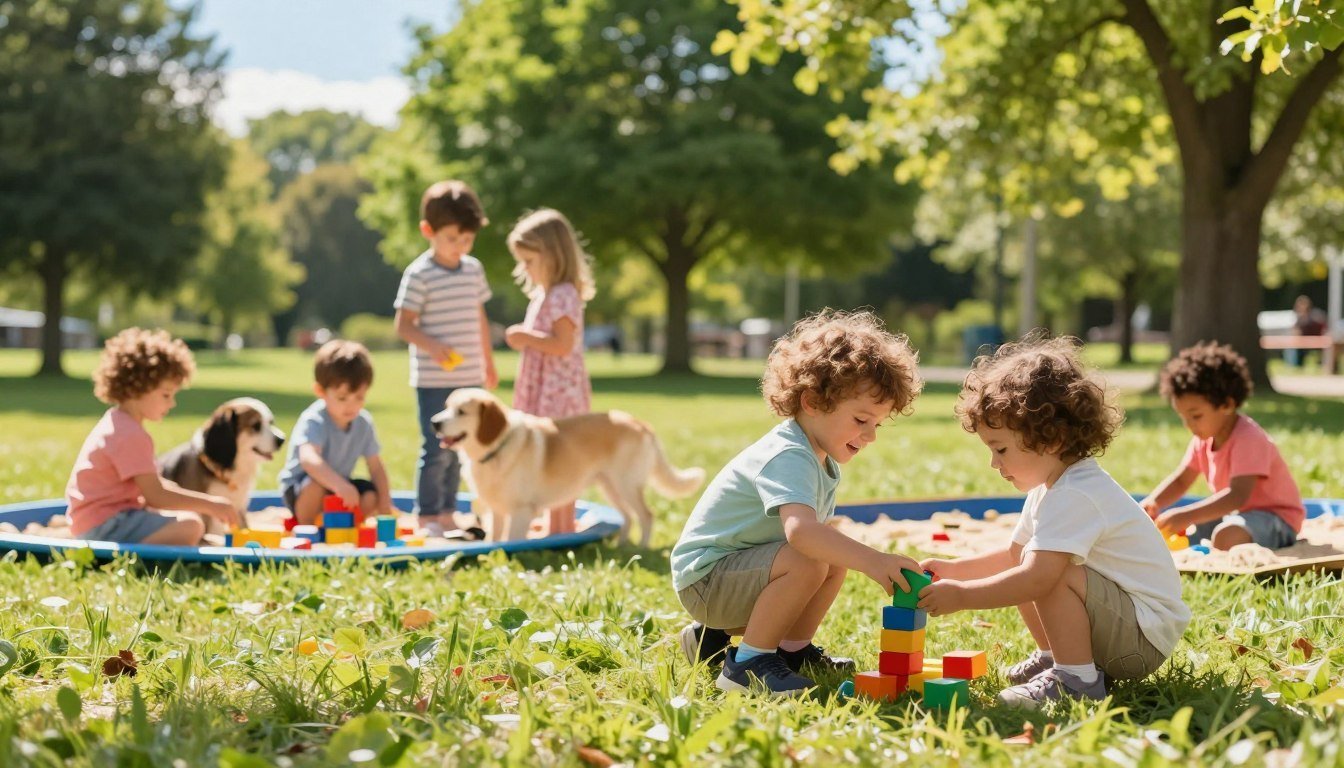 Toddlers and young children playing with wooden blocks and dogs in a sunny park