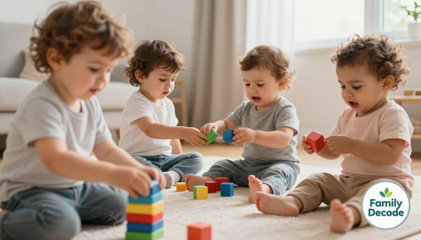 Four toddlers playing with colorful wooden blocks together on a rug, one sharing a block