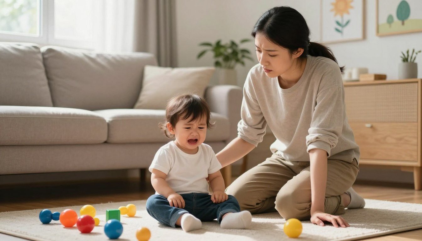 A parent kneeling to comfort an upset, crying toddler beside scattered toys
