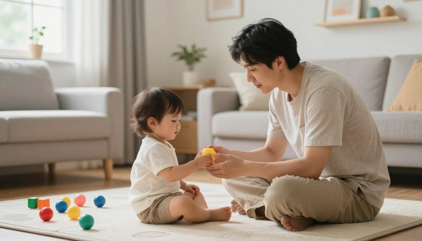 A father helping a toddler with a toy, modeling a calm, supportive response