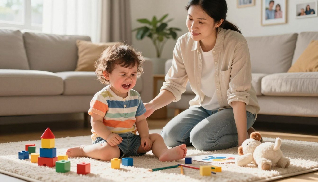 A parent gently reaching toward a frustrated toddler during play