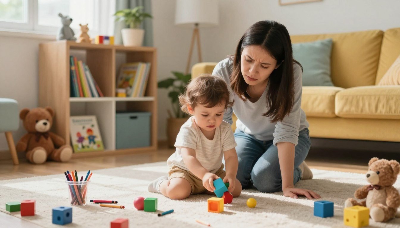A parent playing calmly with a toddler and colorful blocks on a rug