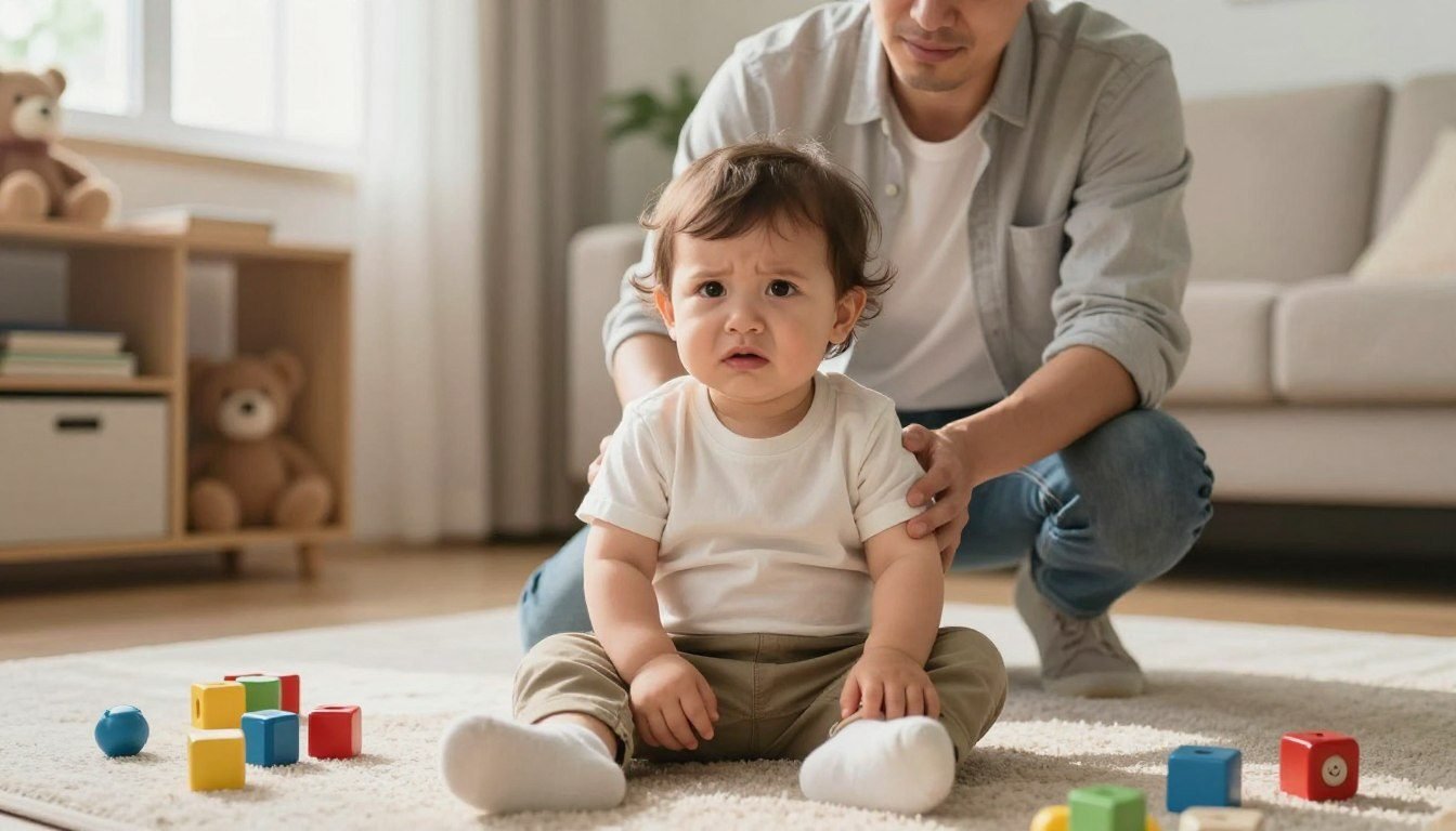 A calm parent sitting beside a young toddler playing with blocks on the floor