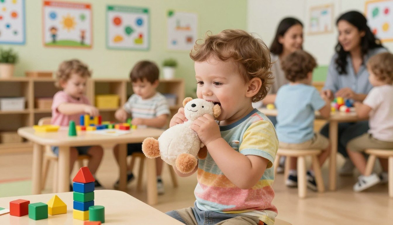 Toddler biting a plush toy in a daycare classroom with other children nearby