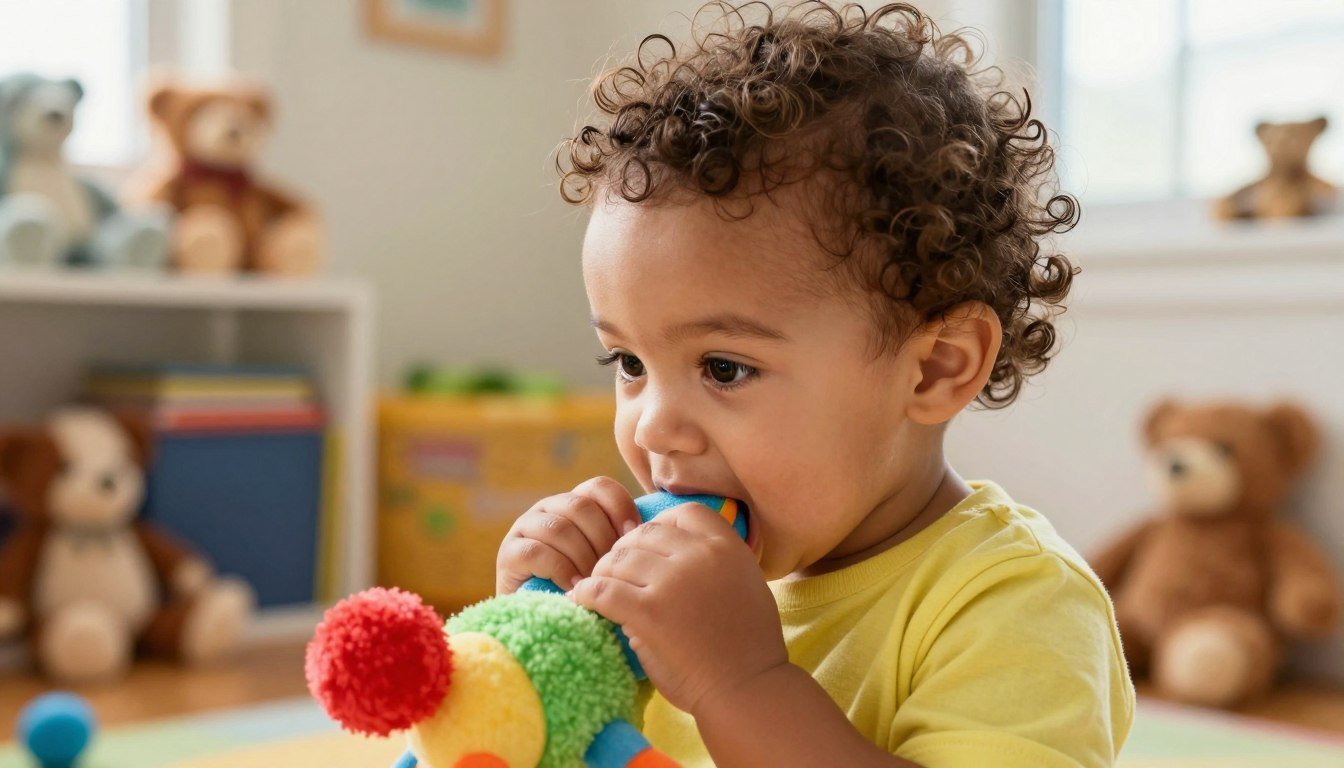 Young toddler mouthing a soft plush toy in a bright playroom