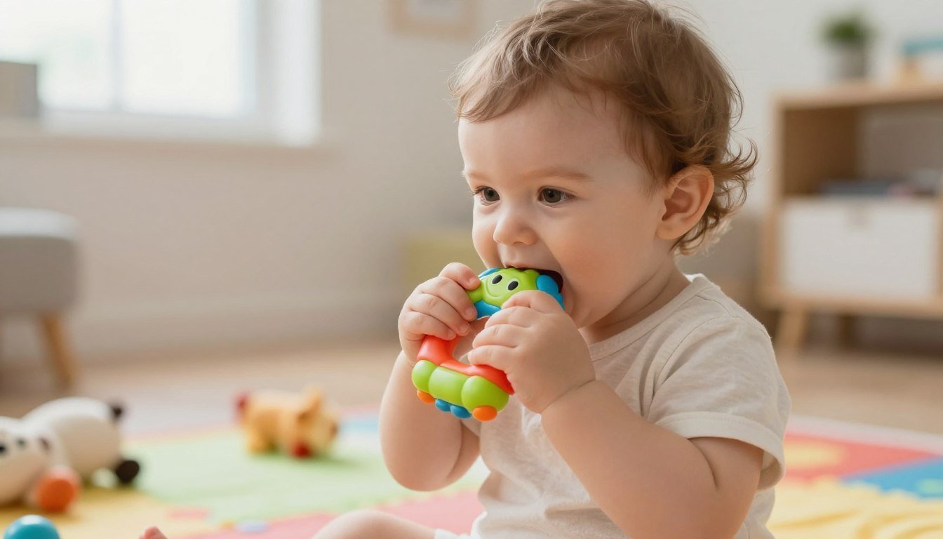 Toddler mouthing a colorful teether toy on a play mat