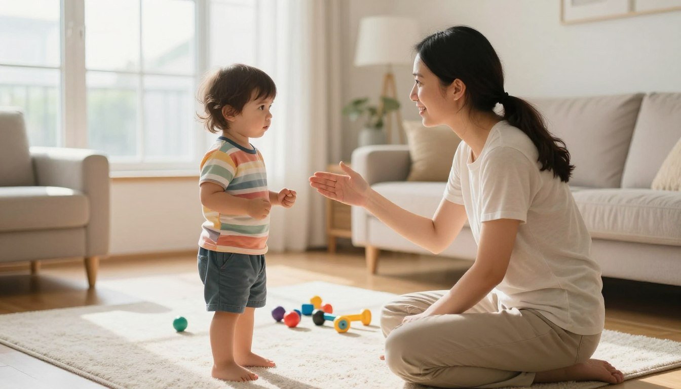 A parent kneeling calmly to a toddler's level and gesturing gently in a bright living room