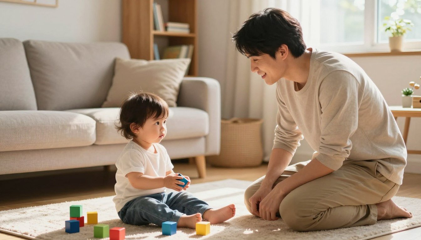 A parent kneeling beside a toddler playing with blocks, connected and calm