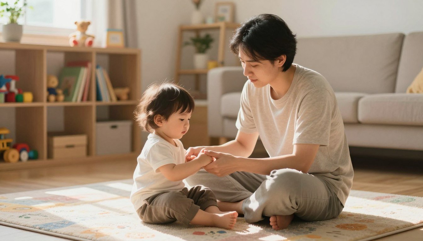 A father sitting close to a toddler and gently holding their hands during a calm moment