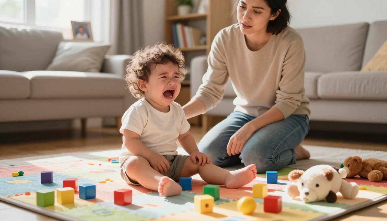 A calm parent kneeling beside a crying toddler on a play mat during a meltdown