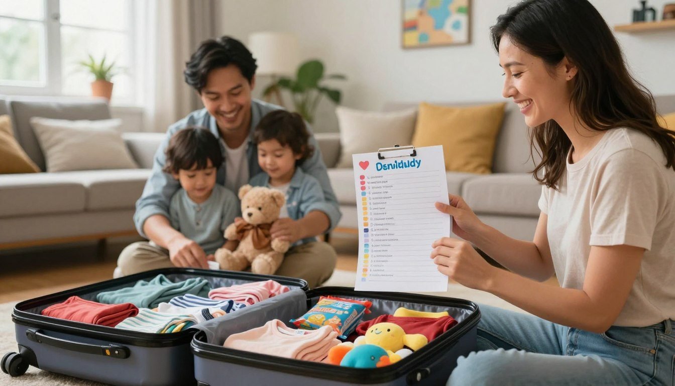 Parents and two children reviewing a printed travel checklist beside a packed suitcase