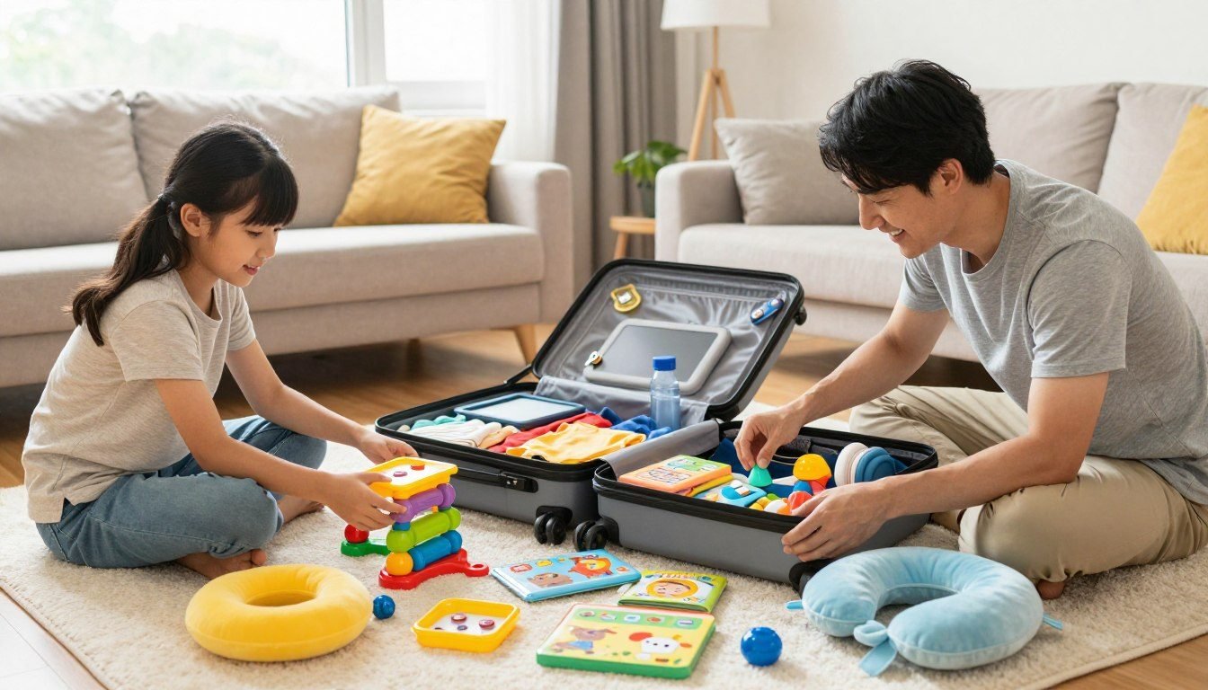 A child helps a parent pack activities and a neck pillow for a flight
