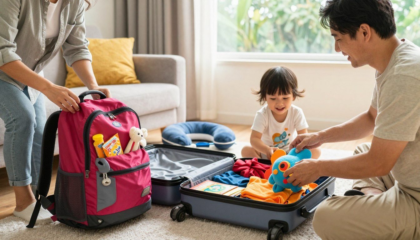 A parent repacks a child’s travel backpack in a hotel-style room while the child plays