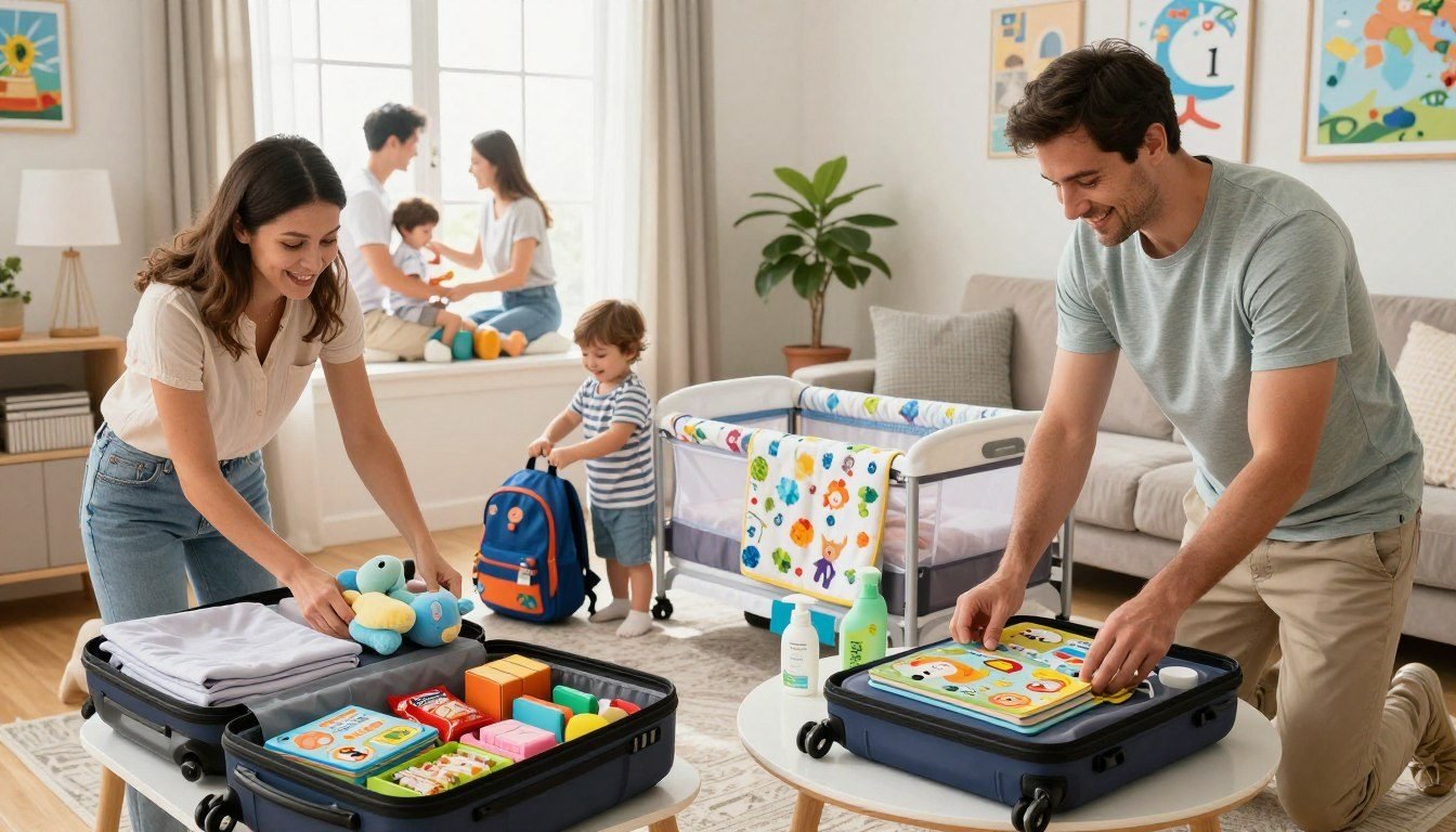 Parents calmly packing a suitcase with their two young children — travel necessities for kids