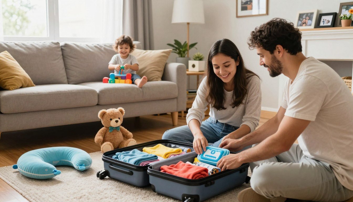 Two parents organizing clothes and a neck pillow into a suitcase, packing by category
