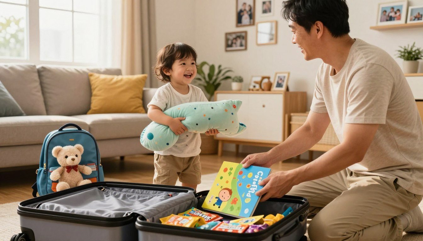 A toddler holds a comfort pillow beside an open suitcase while a parent packs