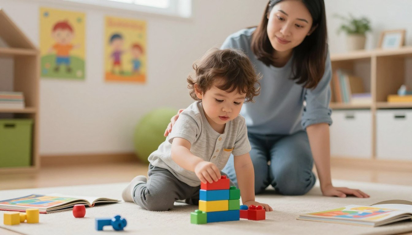 A toddler deeply focused on stacking colorful blocks while a parent waits patiently nearby