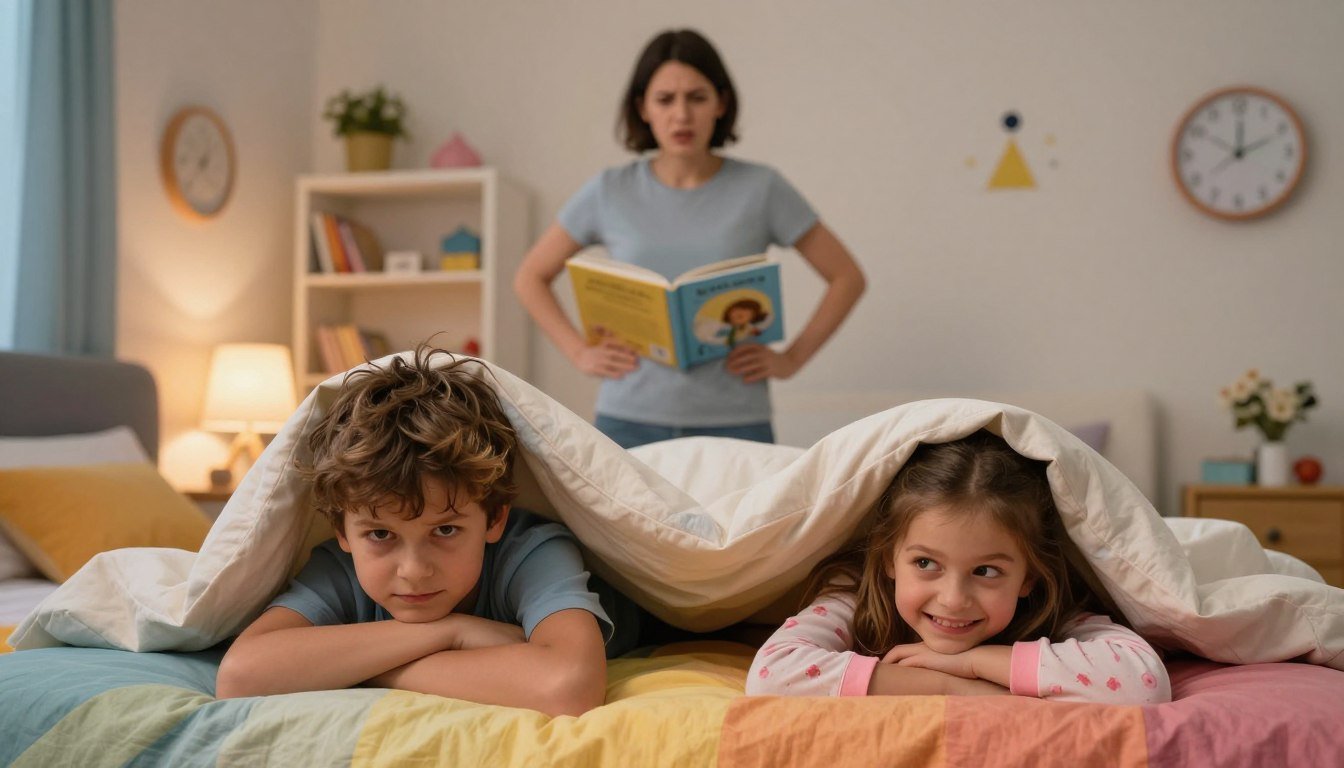 Two children hiding under a duvet at bedtime while a parent stands behind holding a storybook