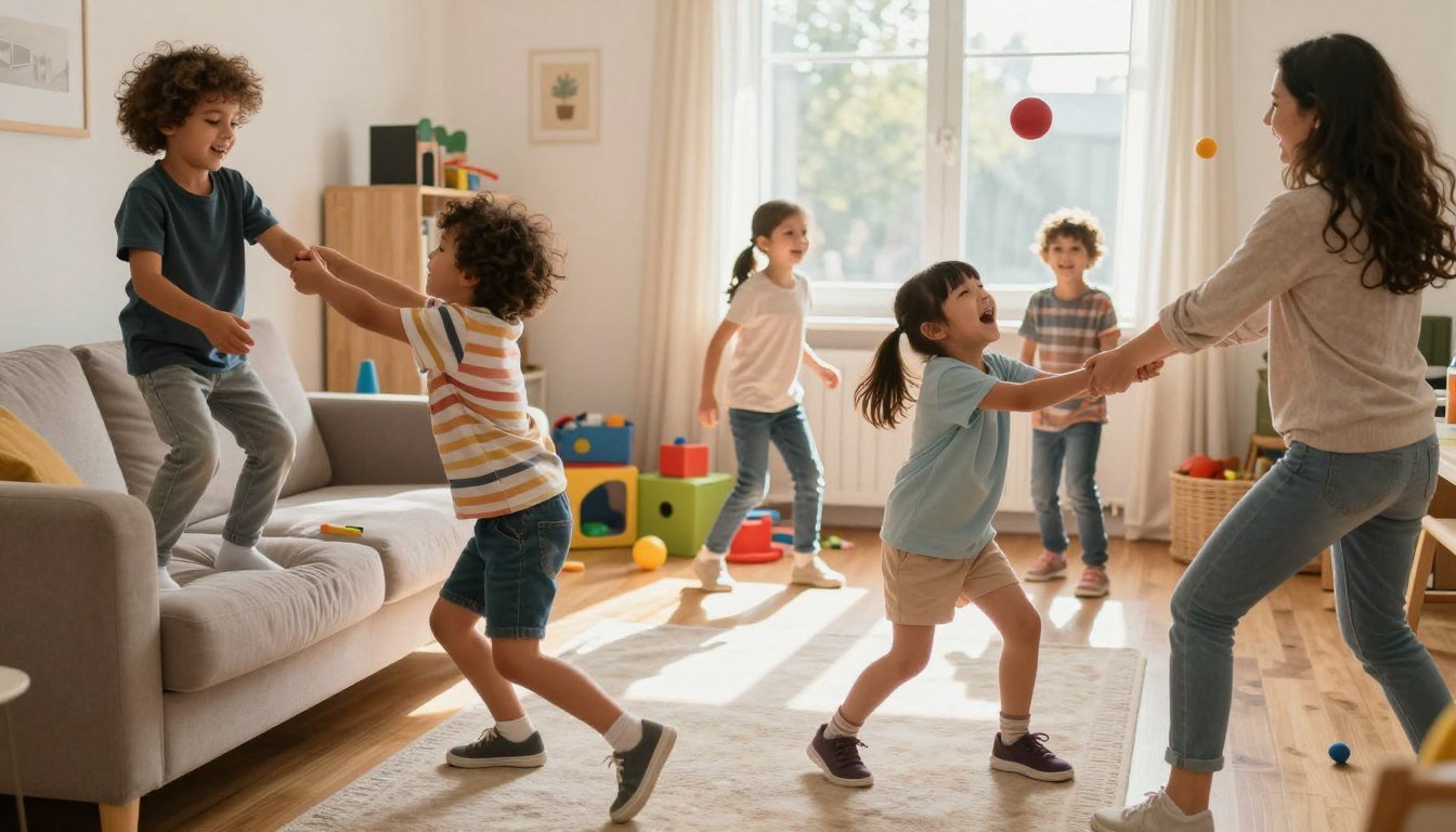Several young children playing energetically in a bright living room while a parent tries to engage them