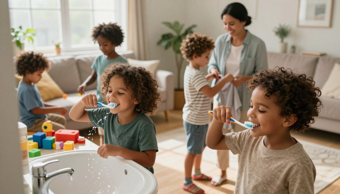 Young children brushing their teeth at a sink with a parent supervising nearby