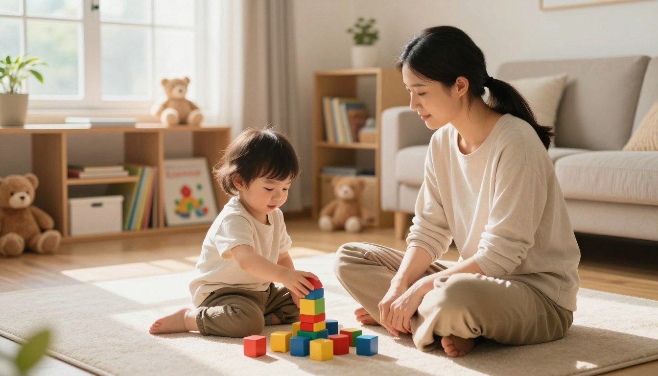 A parent sitting calmly with a toddler stacking colorful blocks together